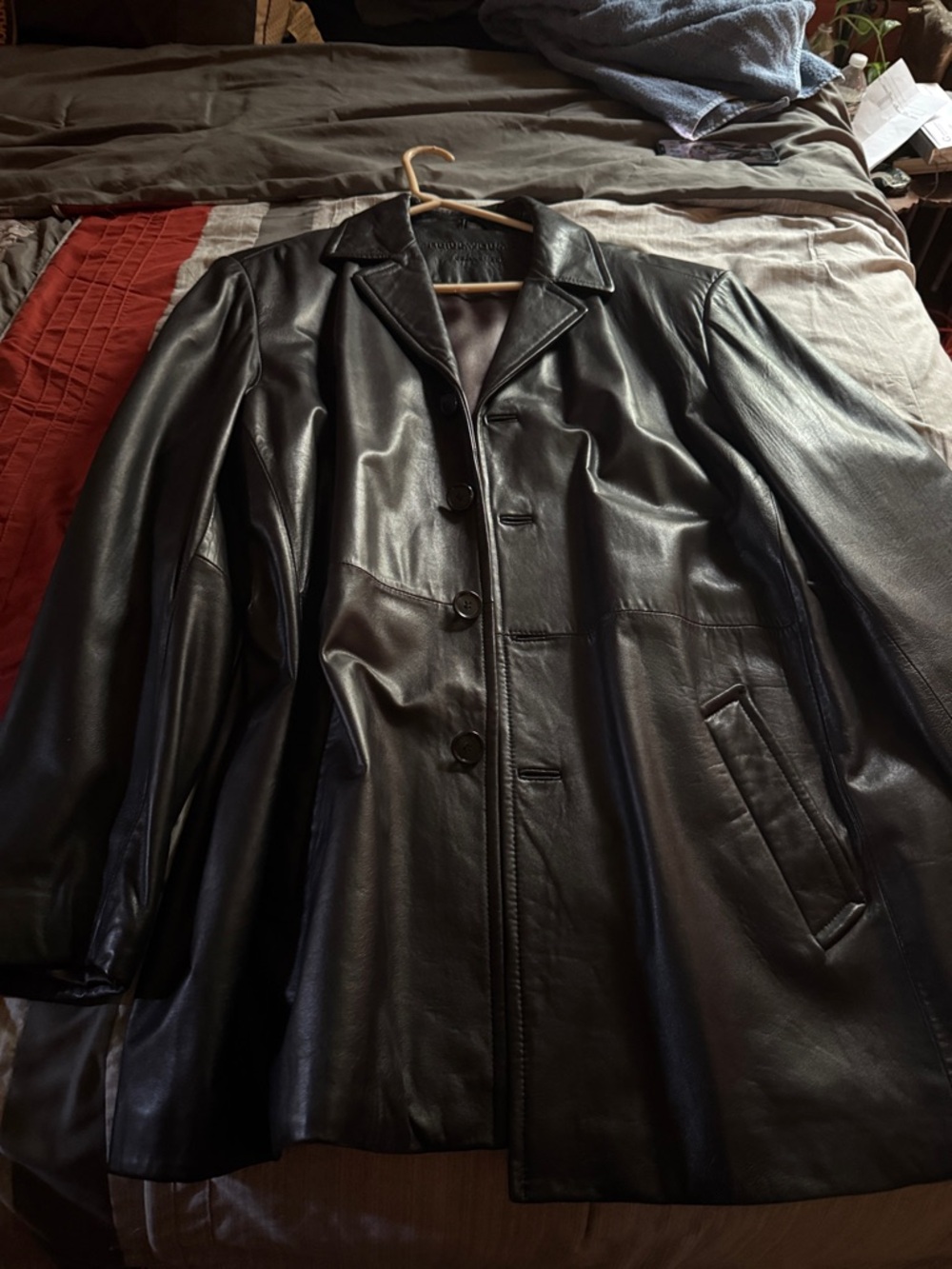 Men's Black Leather Trench Coat – Timeless Button-Up Overcoat